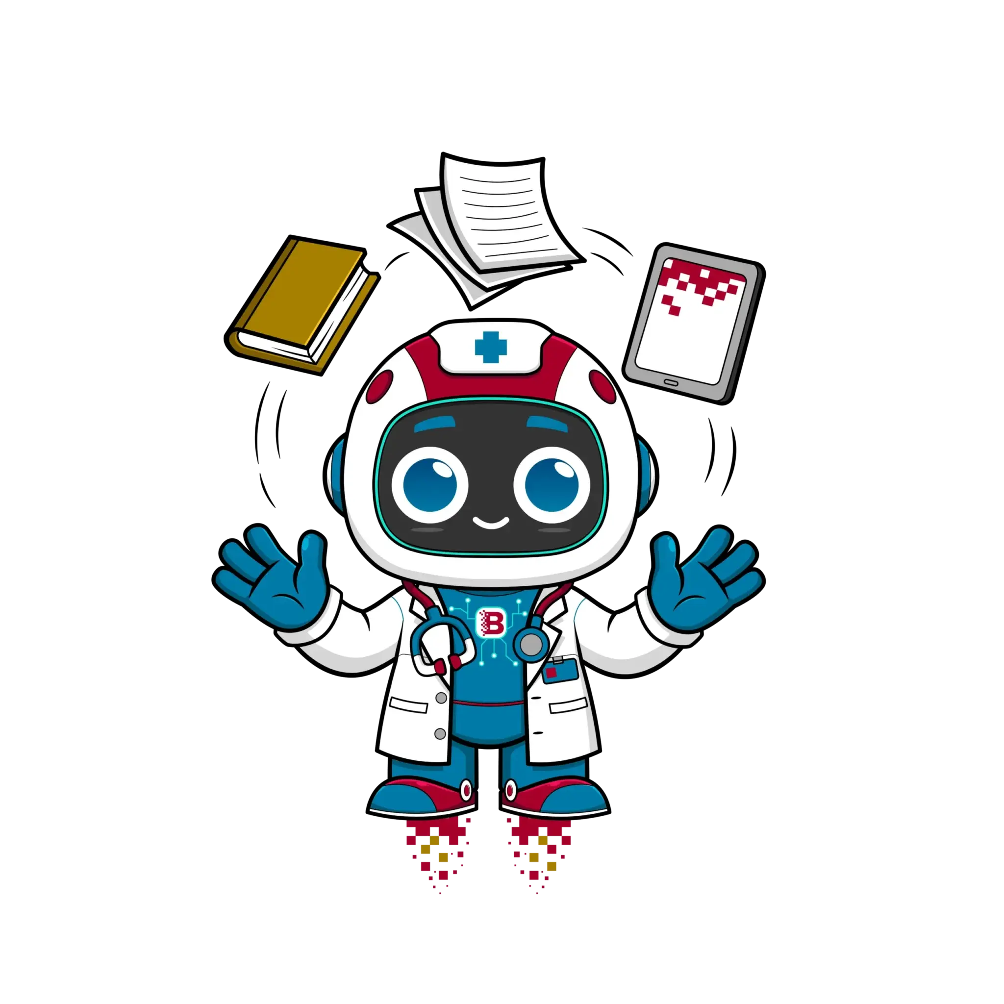 HemOncBytes mascot doctor juggling a book, papers, and tablet